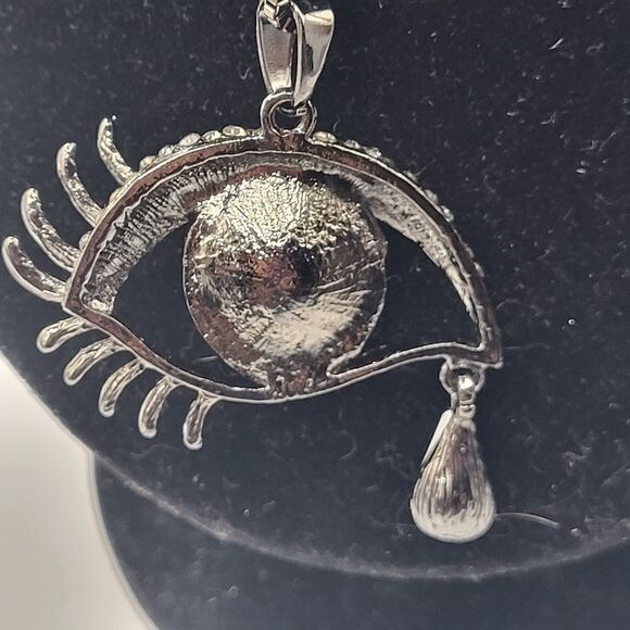 Gunmetal Silver Blue Eye Pendant Necklace 30in - Picture 4 of 4